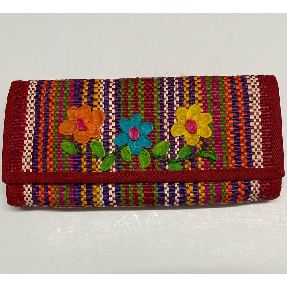 Vintage? Multi Color Woven Striped Clutch Wallet With Floral Design